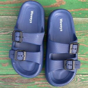 Weweya Sandals Pillow Slippers Double Adjustable Buckle Blue Sz 39-40 Womens